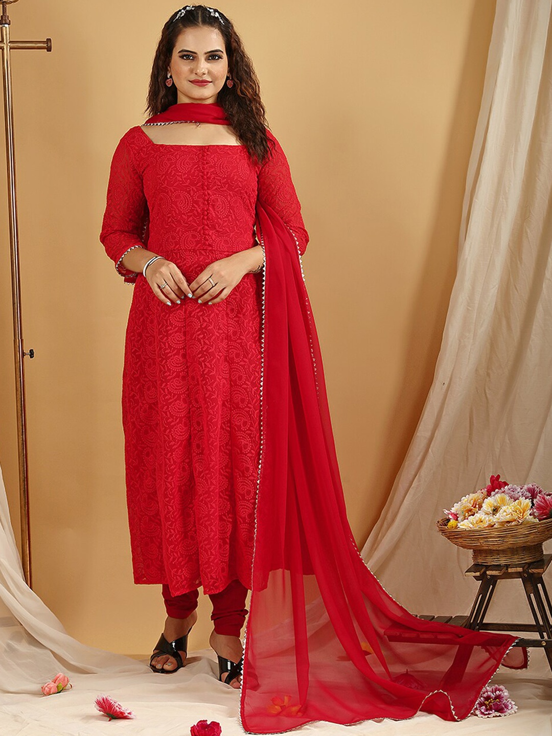 

Virah Fashion Floral Chikankari Embroidered Kurta With Churidar & Dupatta, Red