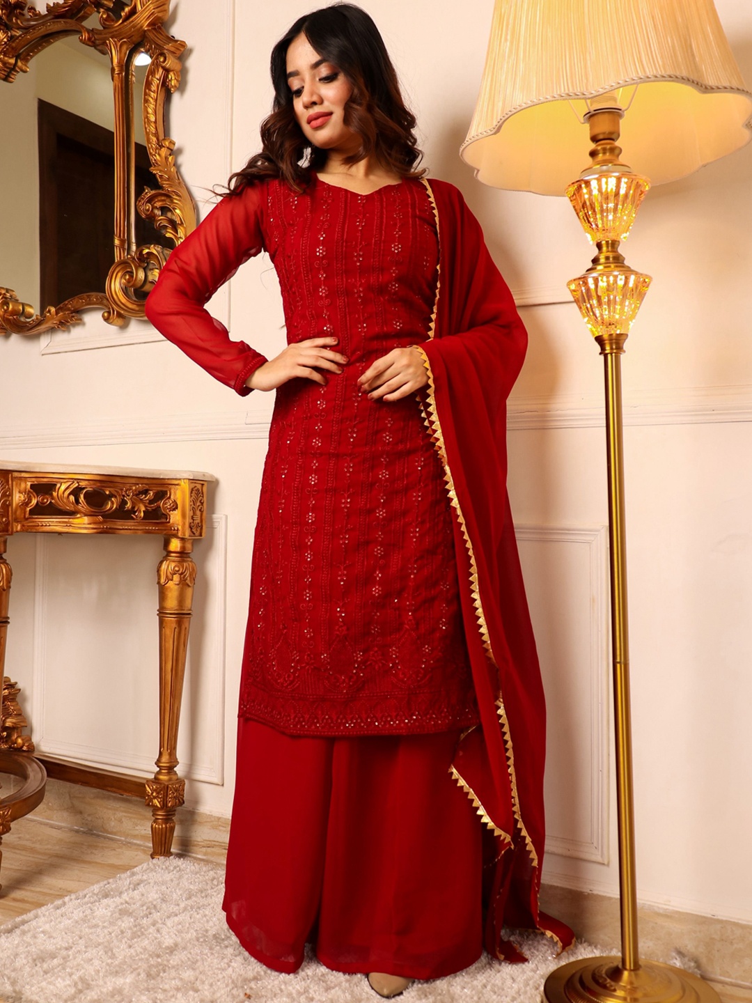 

Virah Fashion Floral Chikankari Embroidered Kurta With Palazzos & Dupatta, Maroon
