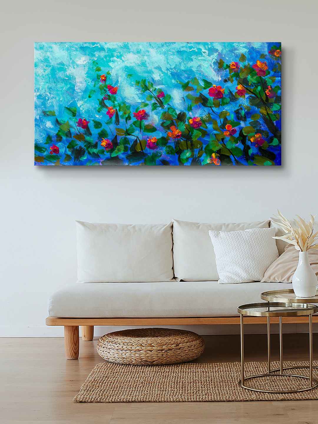 

999Store Blueb & Pink Abstract Flower Canvas Wall Art Painting, Blue