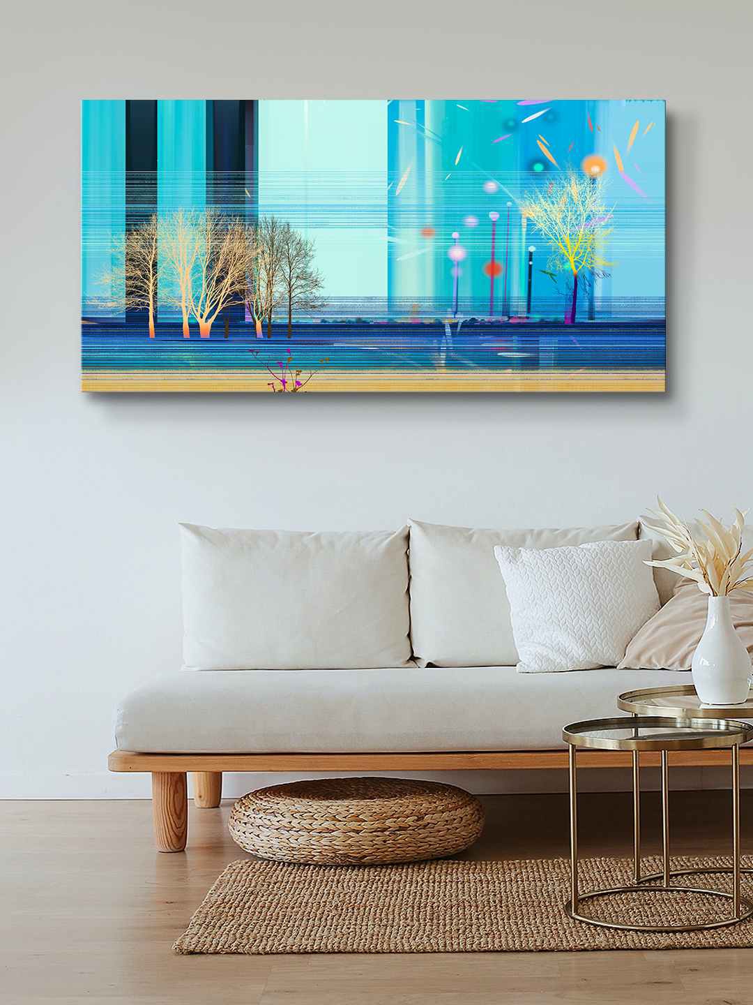 

999Store Blue & Yellow Abstract Disital Tree Framed Canvas Wall Art Painting