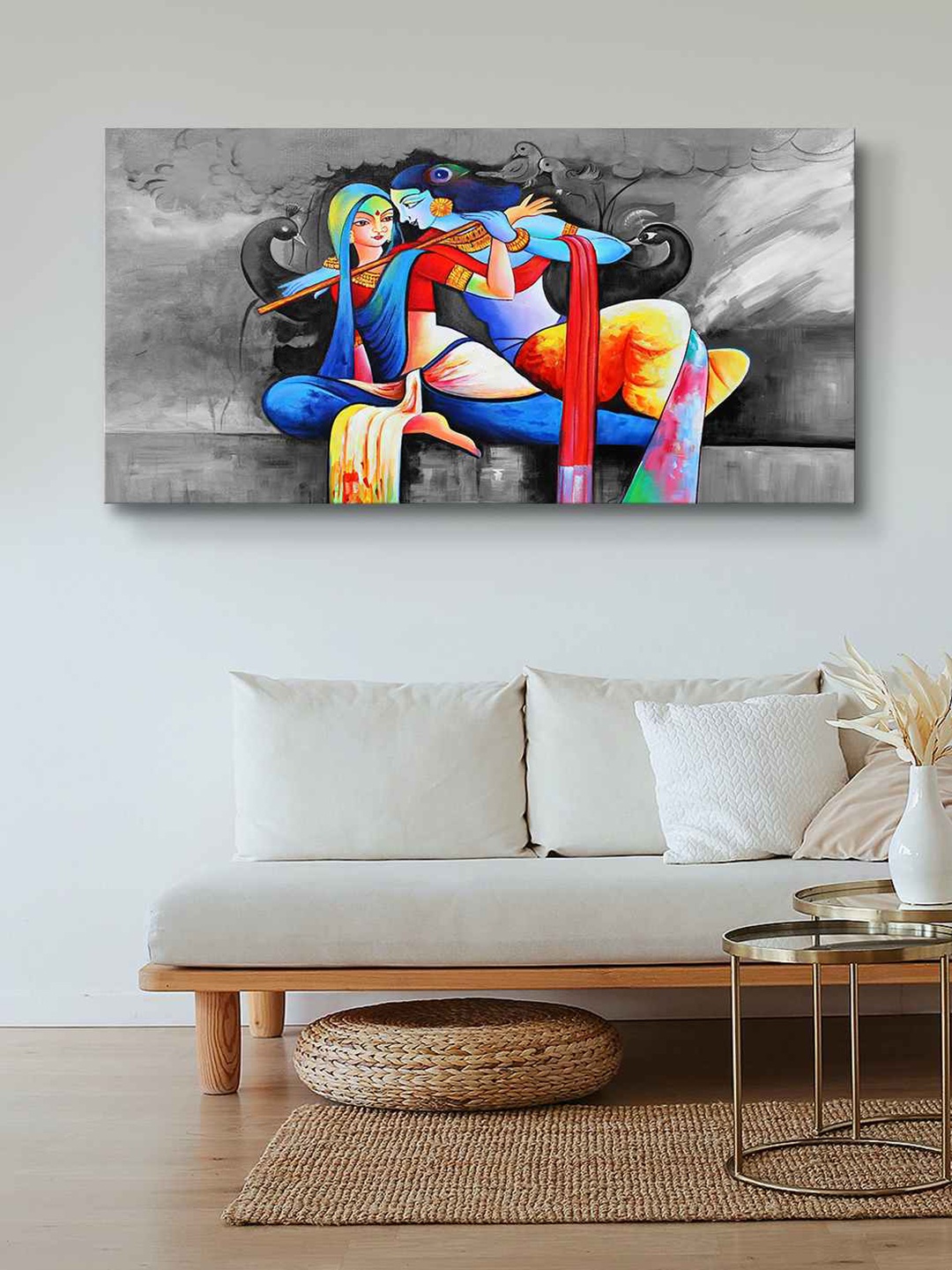 

999Store Grey & Blue Radha Krishna Framed Canvas Wall Art Painting