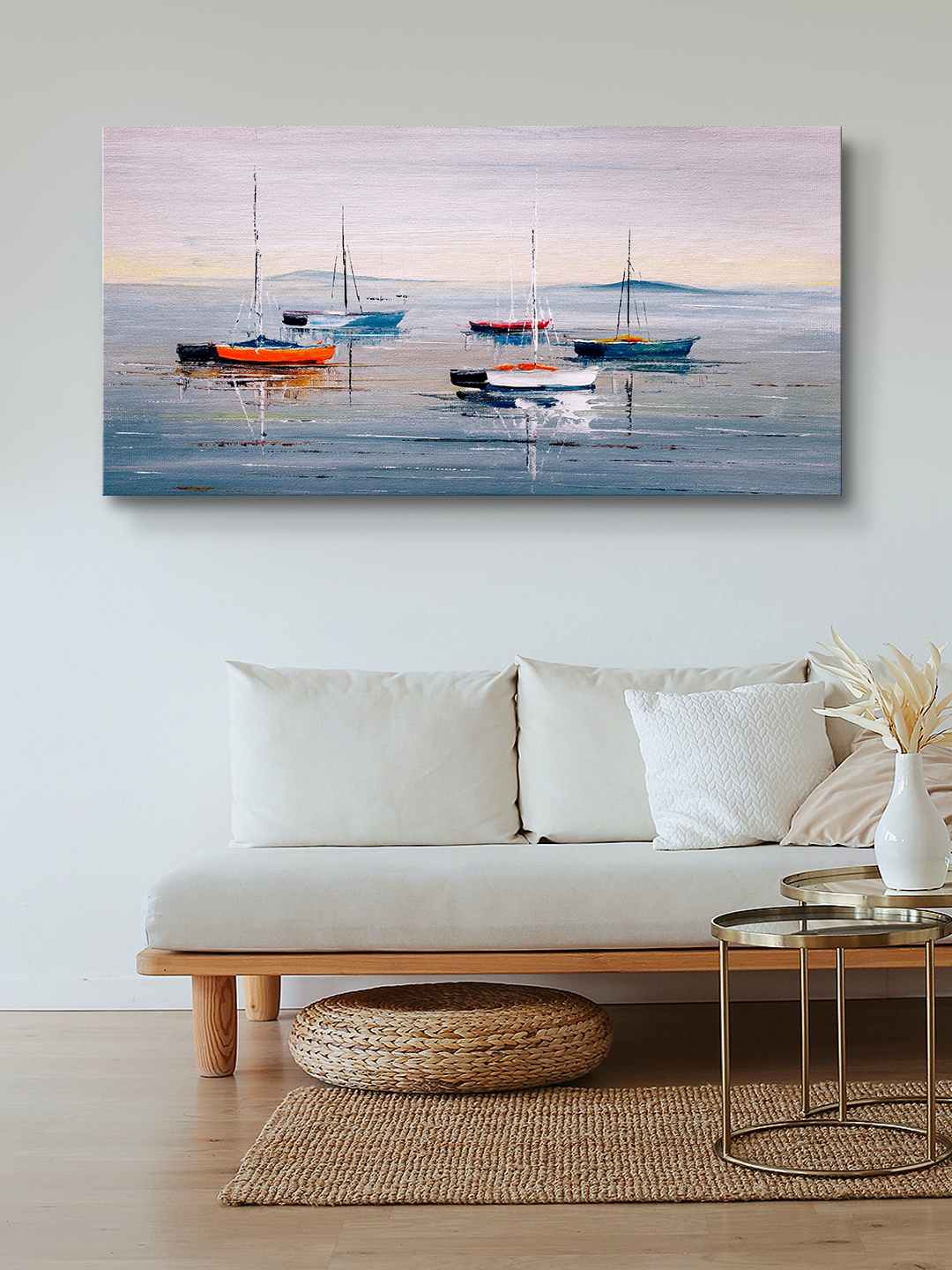 

999Store Grey & Blue Boats On Beach Painting Wall Art