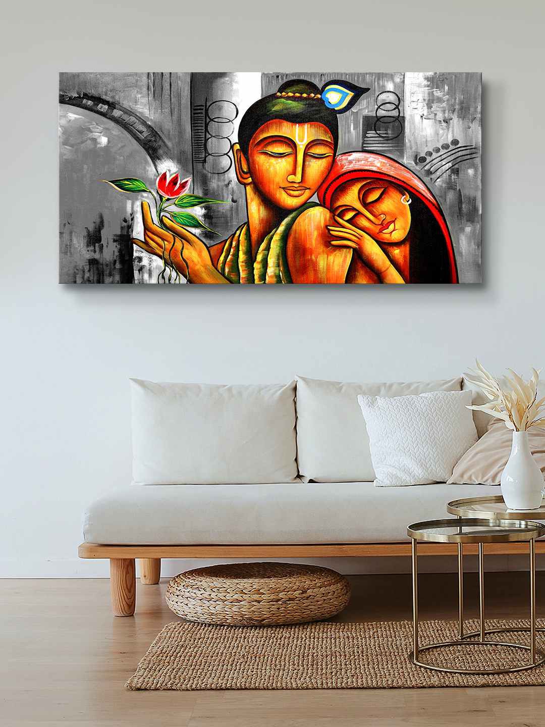 

999Store Grey & Yellow Radha Krishna Painting Framed Canvas Wall Art