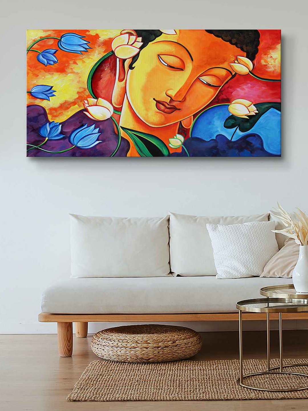 

999Store Yellow & Blue Budhha Face And Flowers Painting Framed Canvas Wall Art