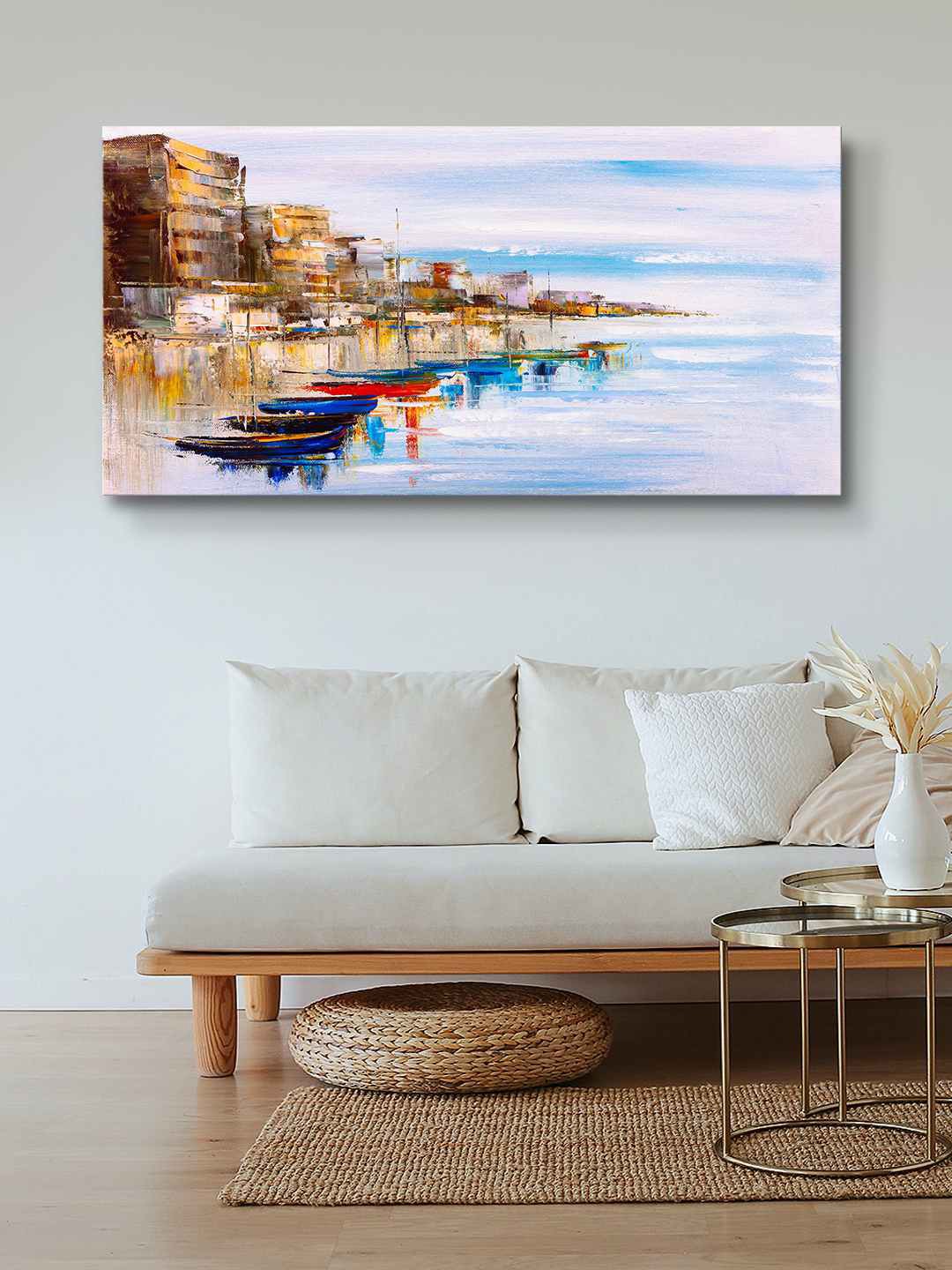 

999Store White & Blue Varanasi Ghat Canvas Painting Wall Art