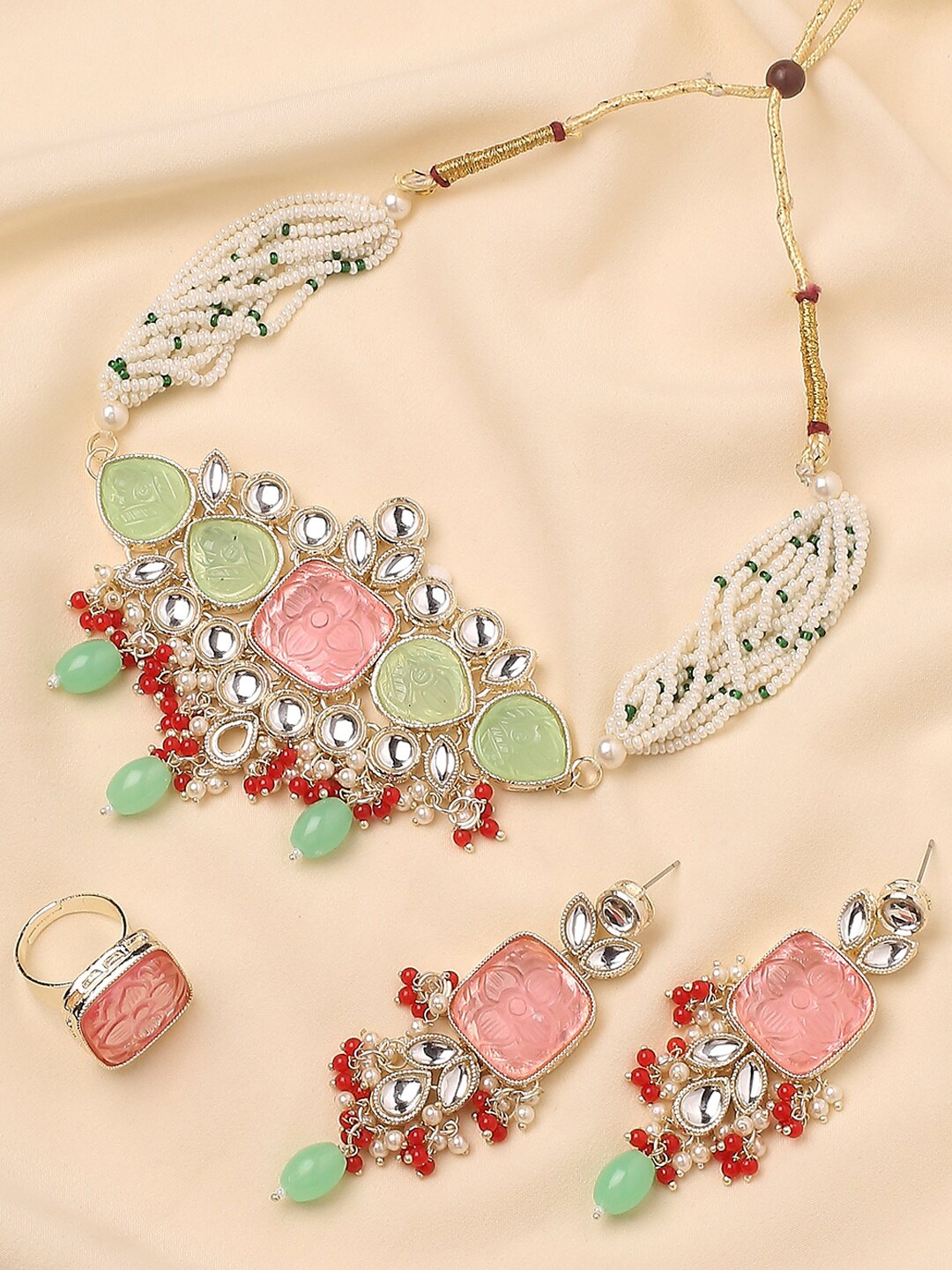 

OOMPH Kundan Studded & Beaded Necklace & Earrings Set, Gold