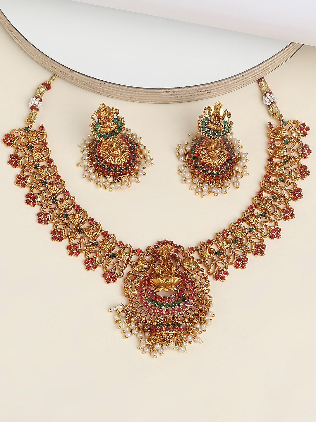 

OOMPH Stone Studded & Beaded Temple Necklace & Earrings Set, Gold