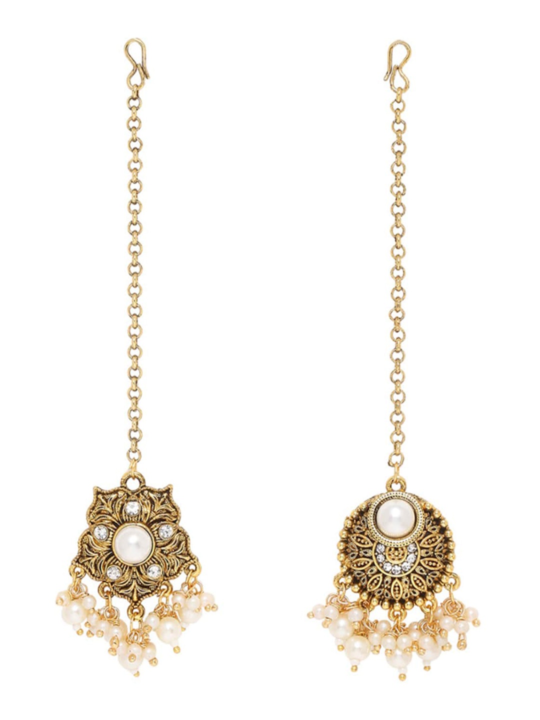 

OOMPH Set Of 2 Gold-Plated Stone Studded & Beaded Antique Maang Tikka