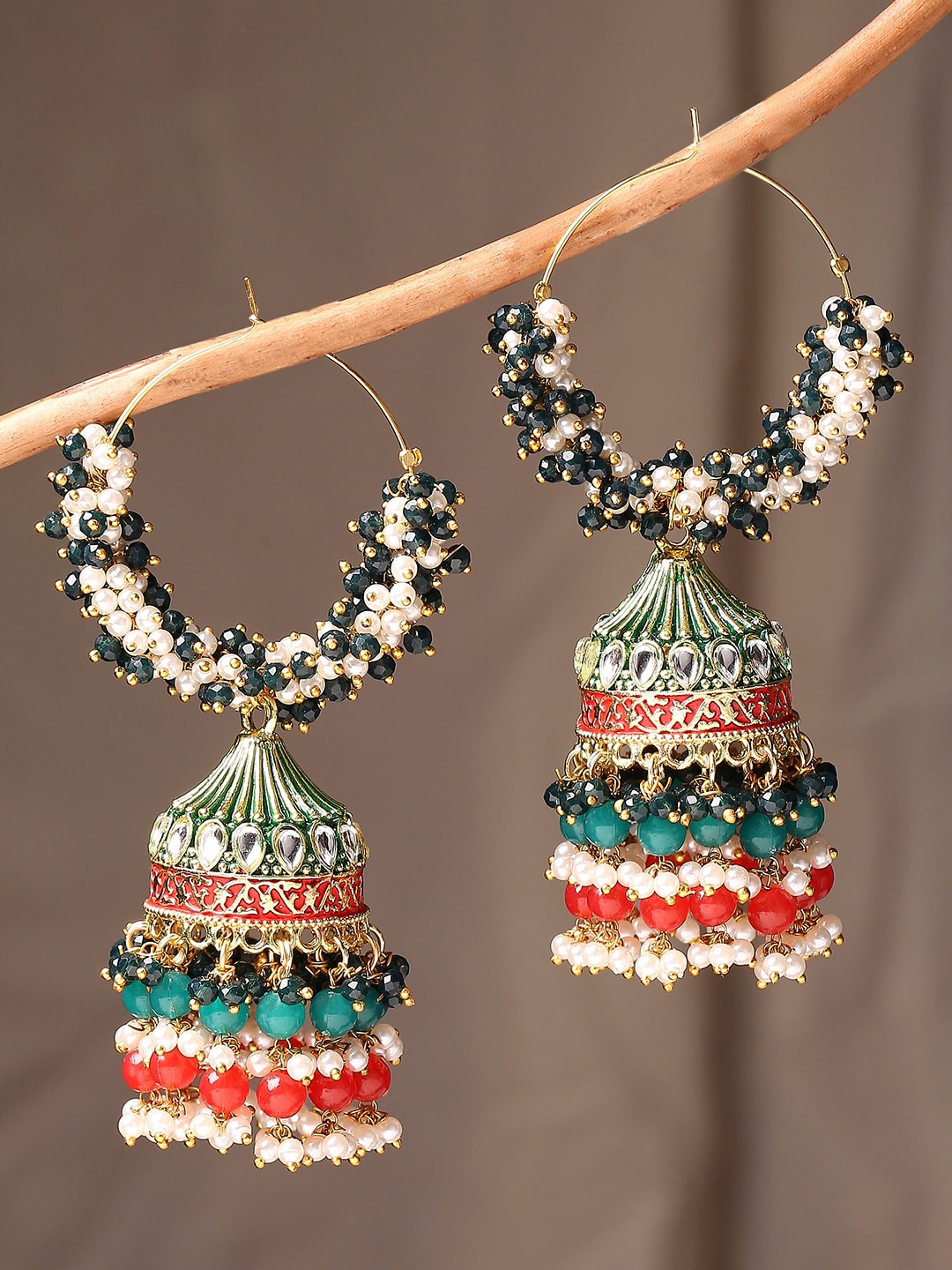 

OOMPH Dome Kundan-Studded Jhumkas Earrings, Green