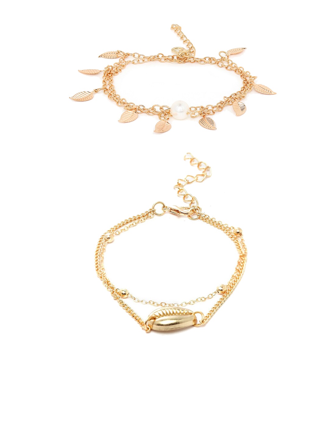 

OOMPH Set of 2 Gold-Plated Sea Shell & Leaf Pearls Anklets