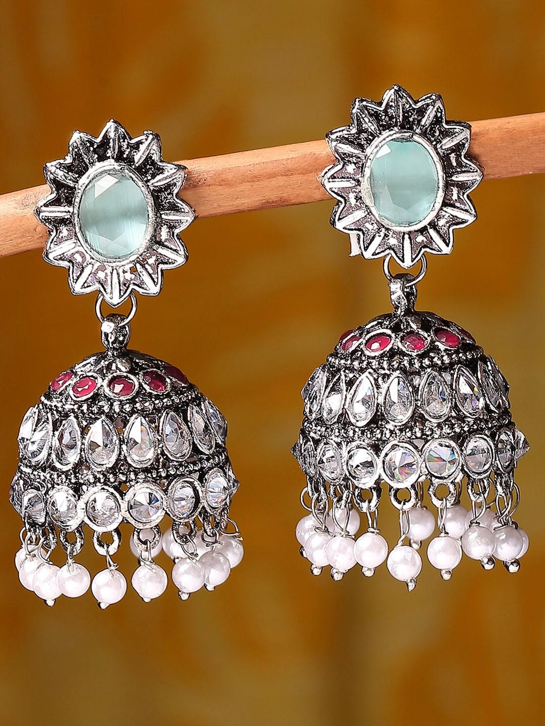 

OOMPH Silver Plated Stone Studded & Beaded Dome Shaped Jhumkas