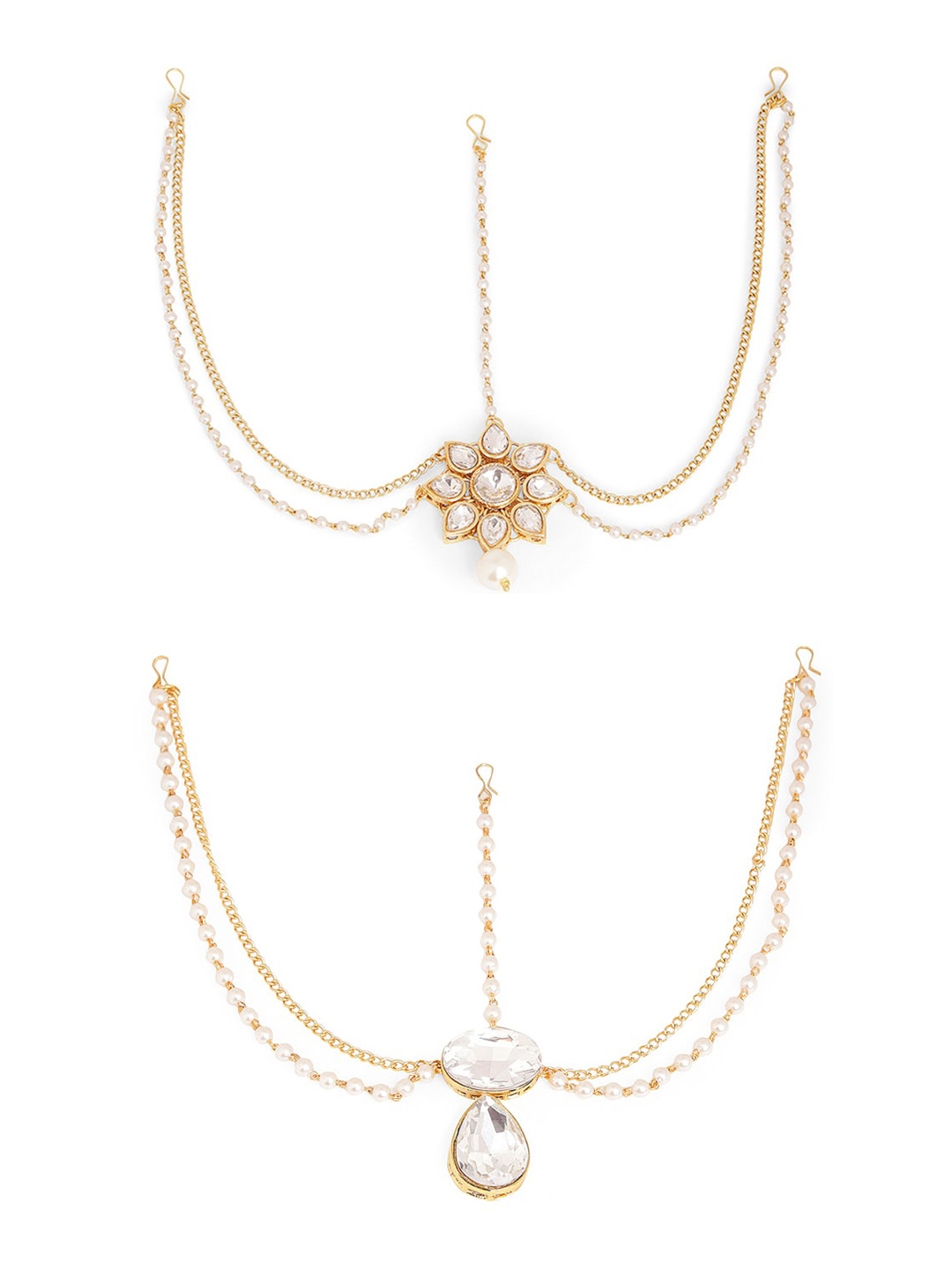 

OOMPH Set Of 2 Kundan & Pearls Floral Indo-Western SheeshPhool, Gold