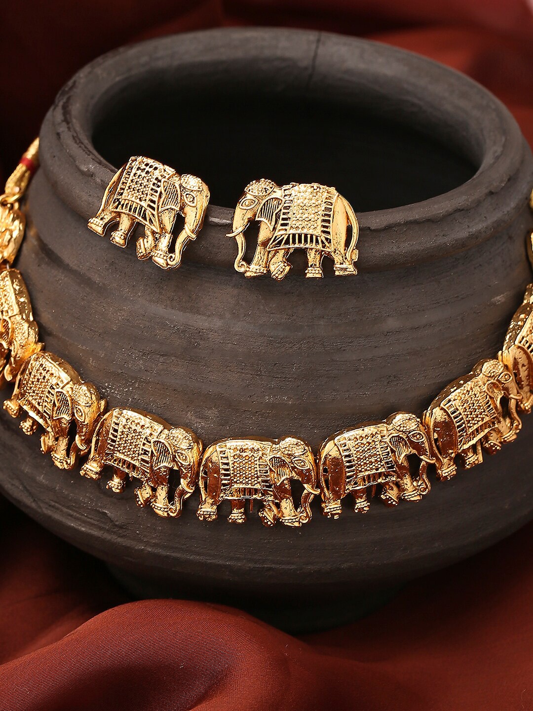 

OOMPH Gold-Plated Elephant Design Antique Choker Necklace Set