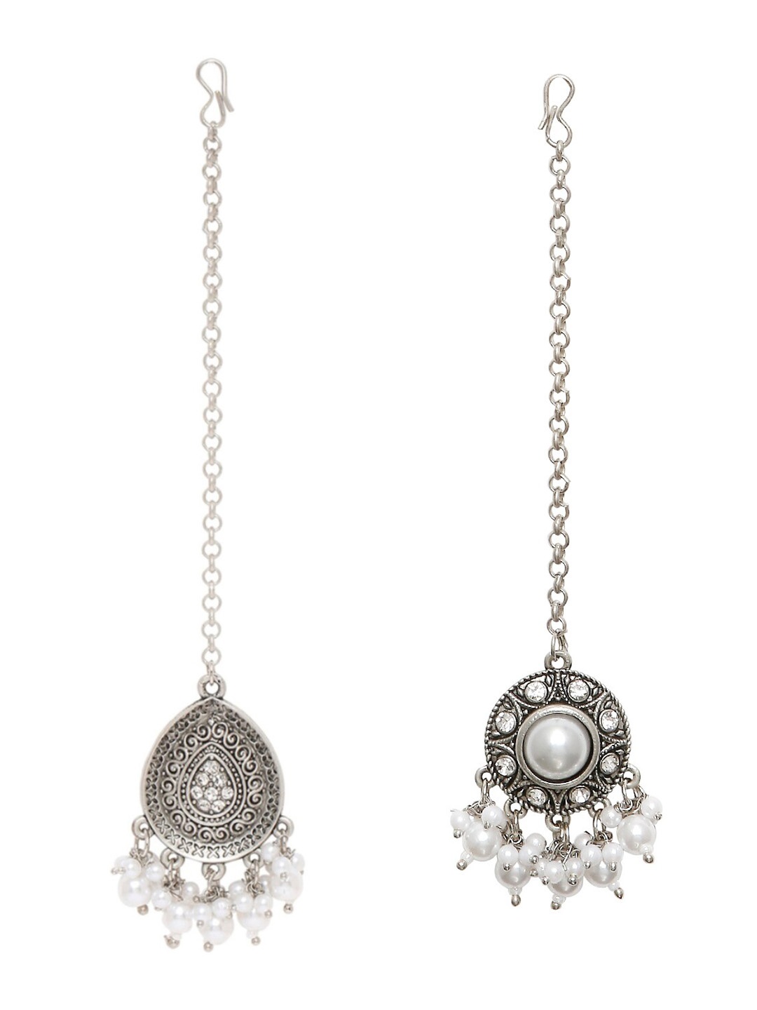 

OOMPH Set Of 2 Silver-Plated Stone Studded & Beaded Oxidised Maang Tikka