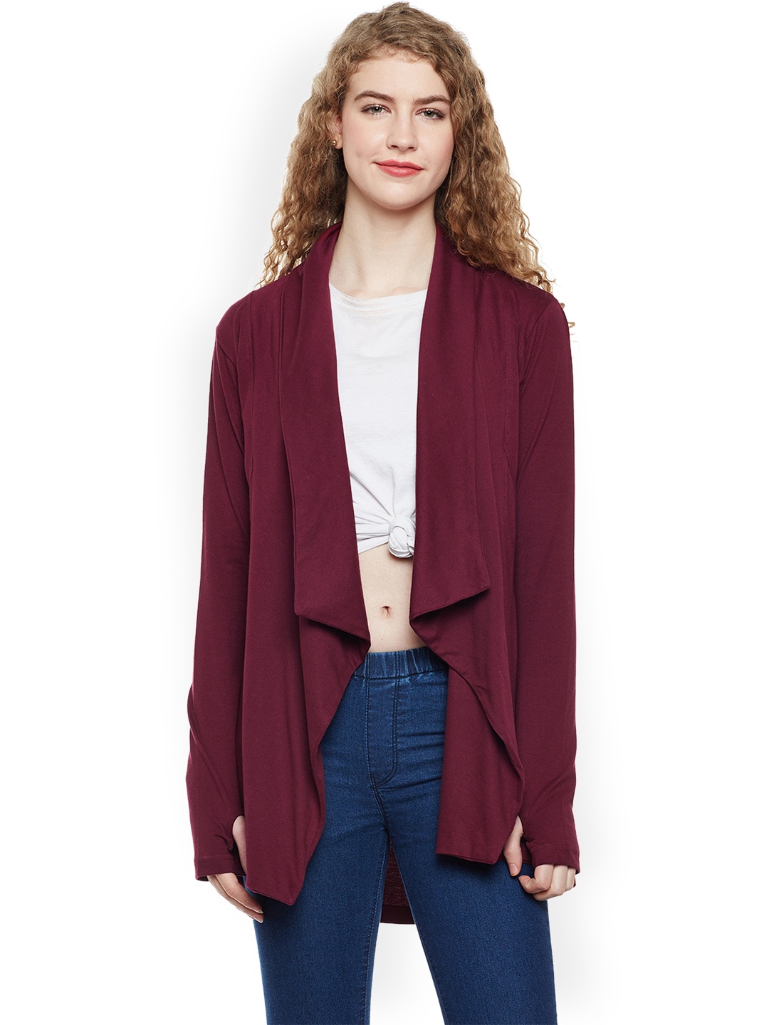 

Hypernation Maroon Solid Open Front Shrug