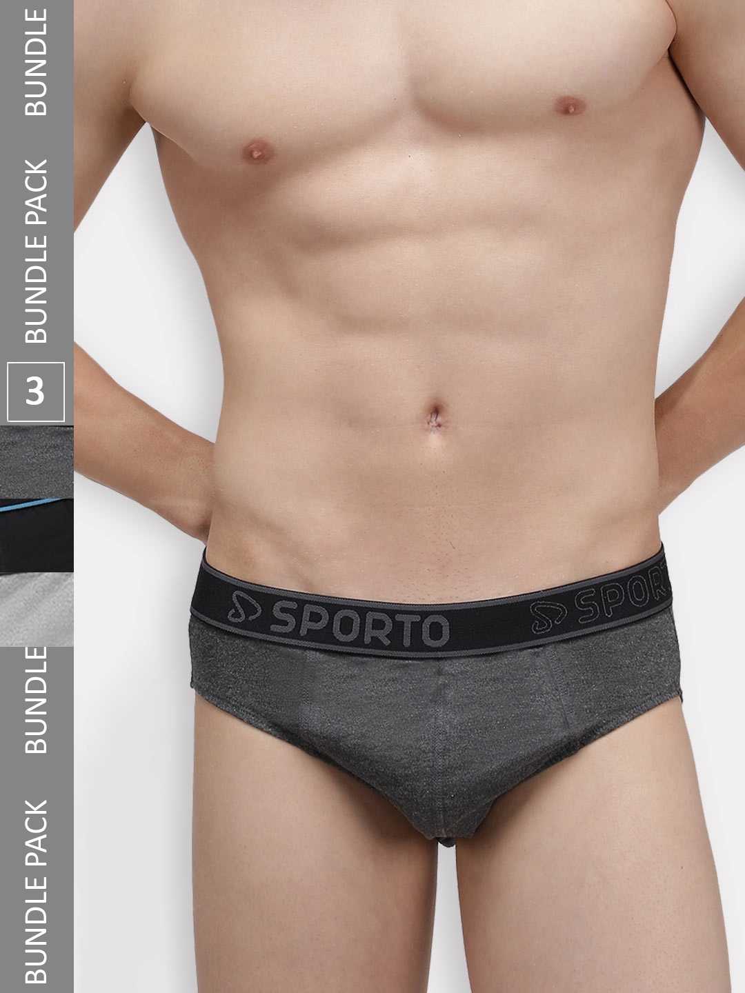 

SPORTO Men Pack Of 3 Cotton Basic Briefs, Grey