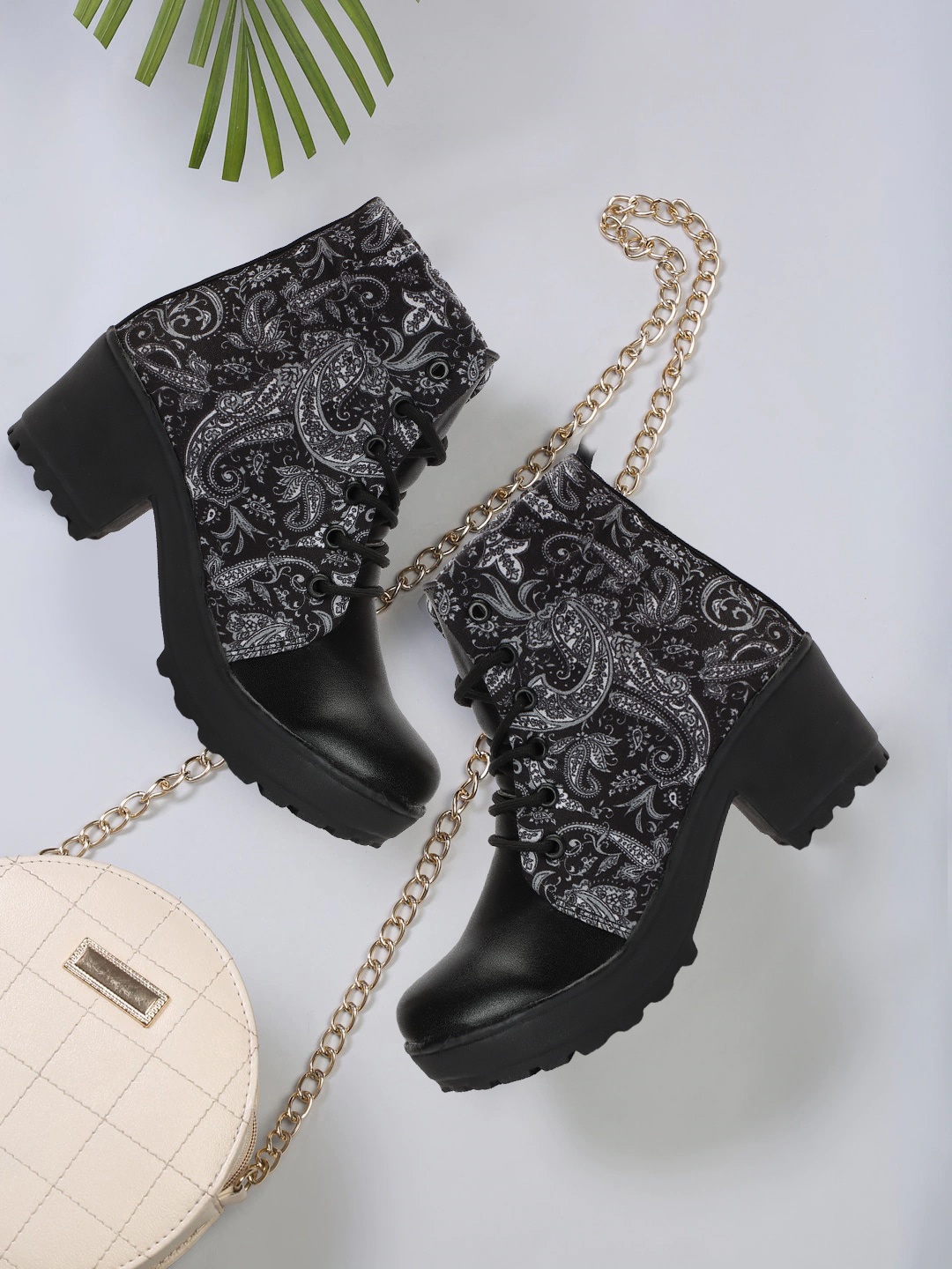 

FASHIMO Women Printed Mid Top Platform Heeled Boots, Black