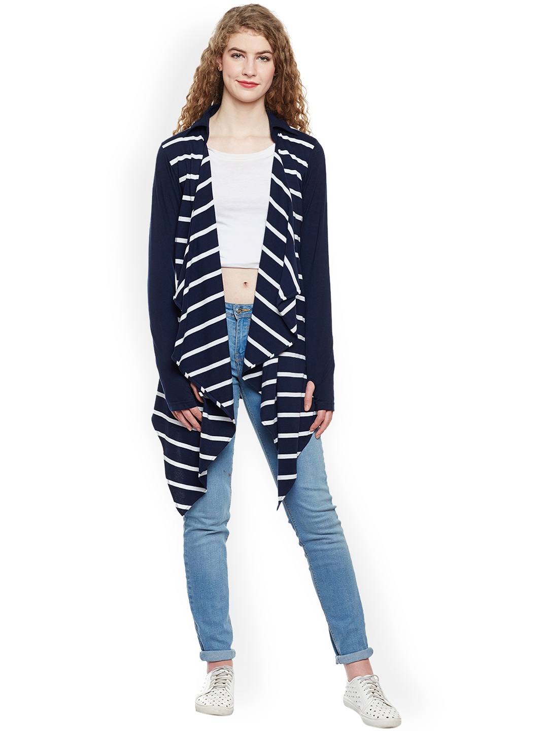 

Hypernation Women Blue & White Striped Open Front Shrug