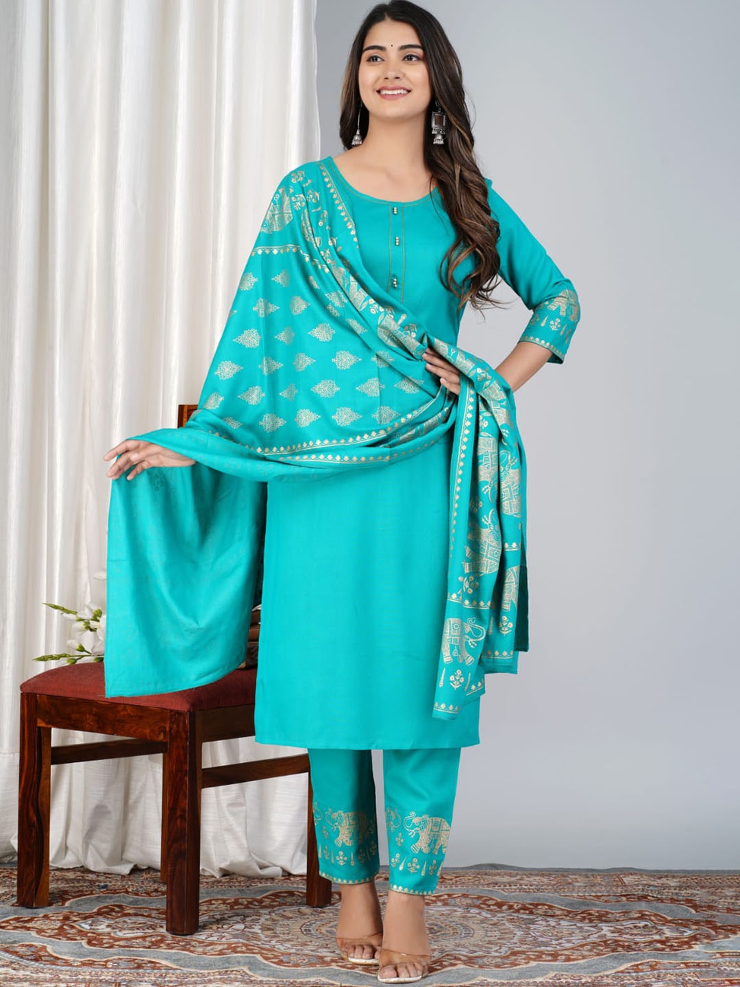 

PINGAKSH Ethnic Motifs Printed Kurta with Trousers & Dupatta, Turquoise blue