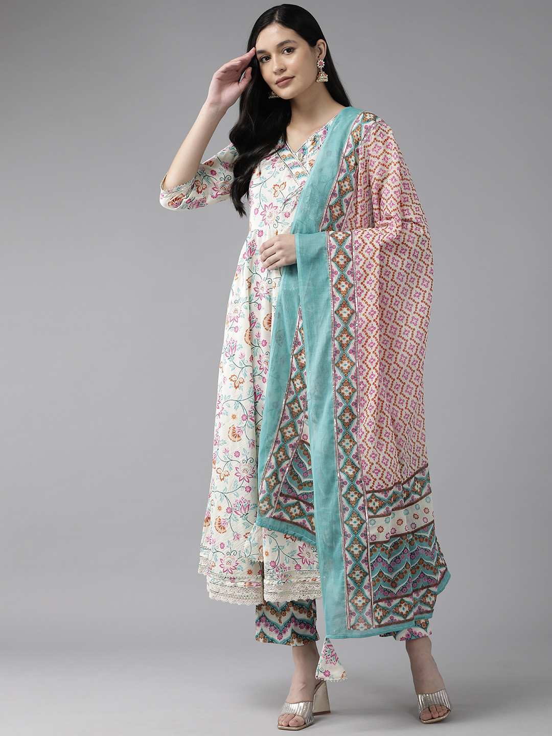 

Yufta Women Printed Angrakha Gotta Patti Pure Cotton Kurta with Trousers & With Dupatta, Pink