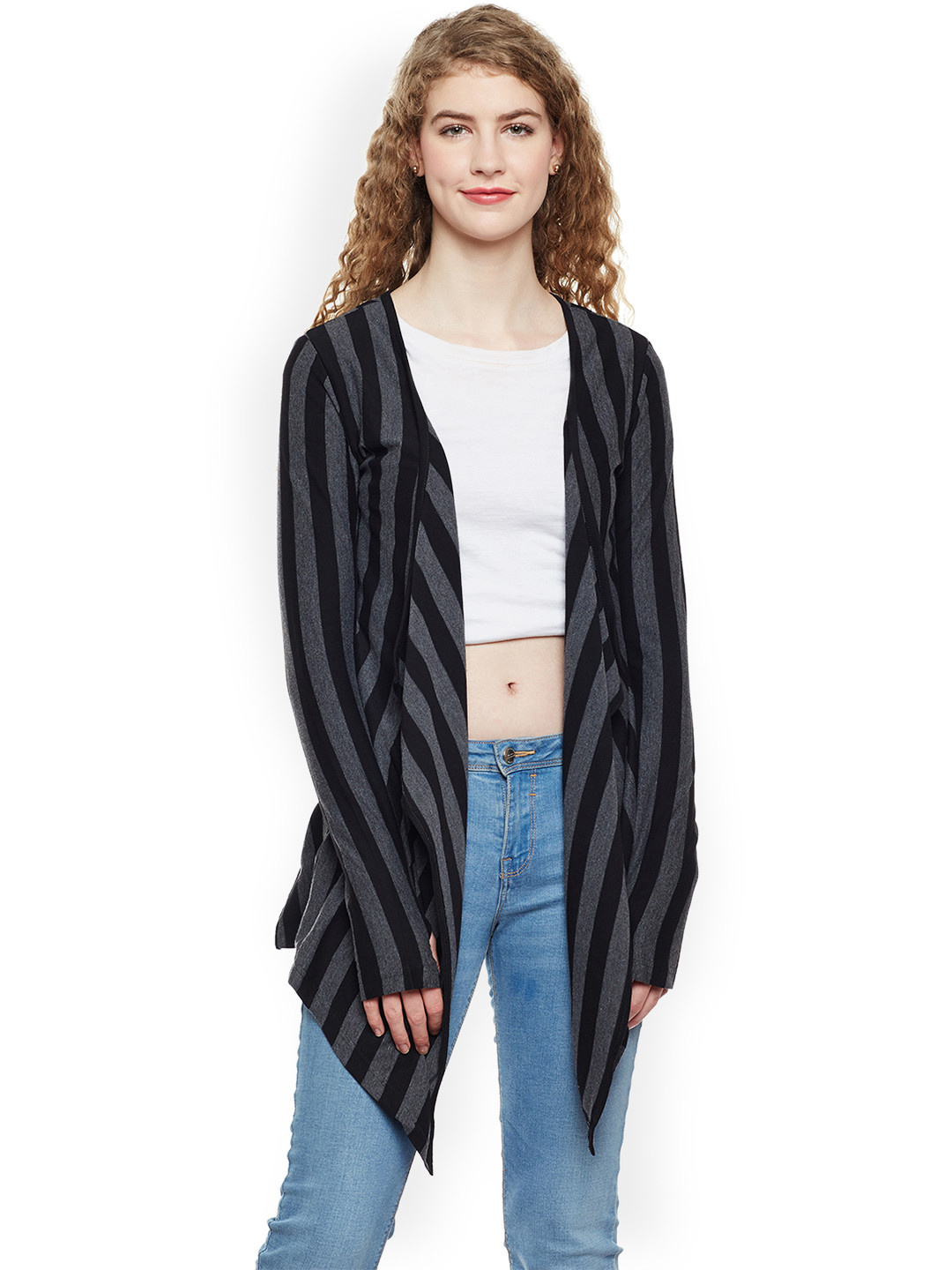

Hypernation Women Black & Grey Striped Open Front Shrug