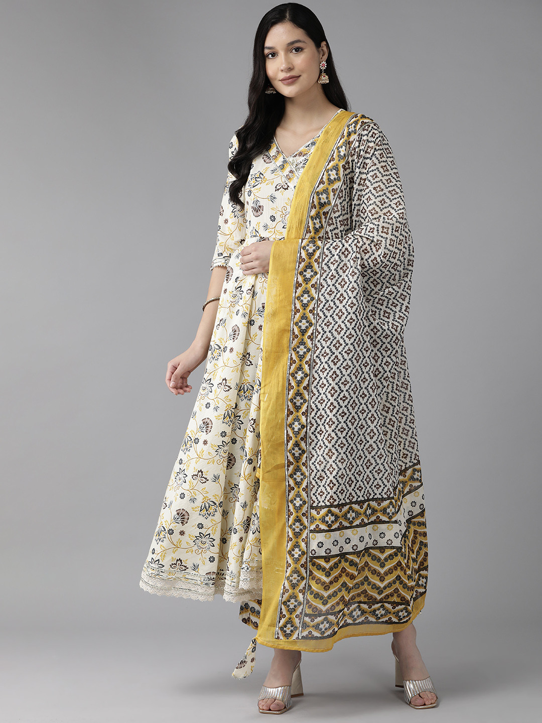 

Yufta Women Printed Angrakha Gotta Patti Pure Cotton Kurta with Trousers & With Dupatta, Yellow