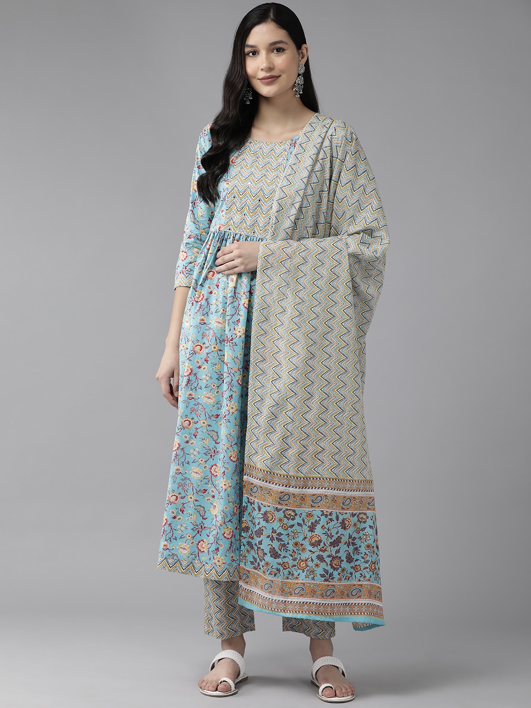 

Yufta Women Floral Printed Beads & Stones Pure Cotton Kurta with Trousers & With Dupatta, Blue
