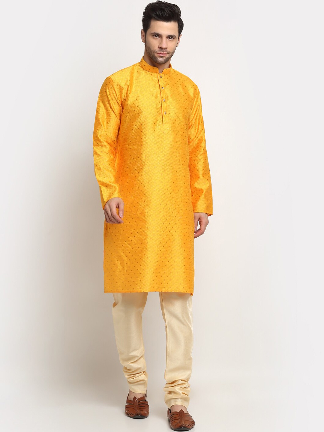 KRAFT INDIA Mandarin Collar Woven Design Straight Kurta, Yellow