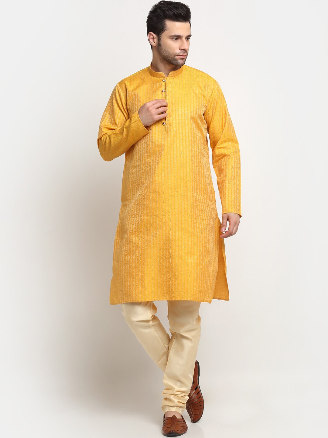 KRAFT INDIA Mandarin Collar Woven Design Kurta, Yellow