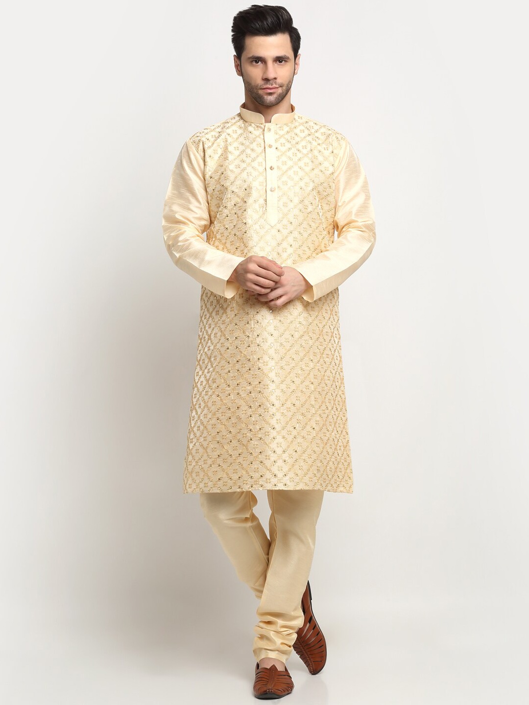 

KRAFT INDIA Ethnic Motifs Embroidered Mandarin Collar Straight Kurta, Beige