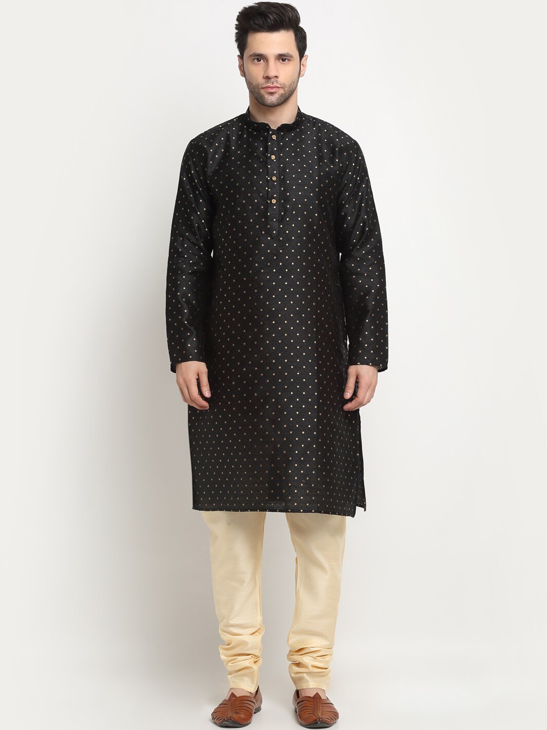 

KRAFT INDIA Mandarin Collar Woven Design Straight Kurta, Black