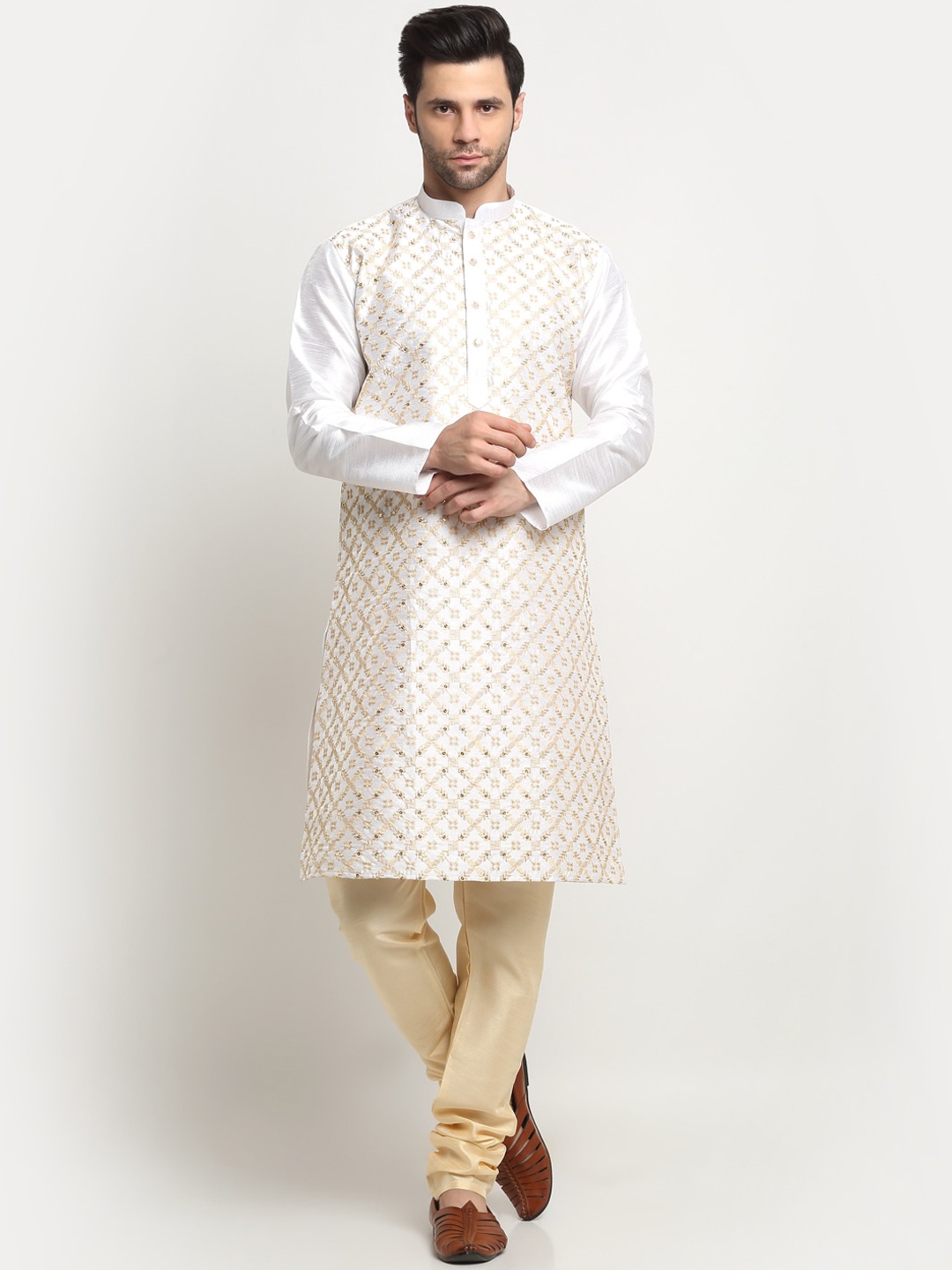

KRAFT INDIA Mandarin Collar Ethnic Motifs Embroidered Sequinned Kurta, Cream