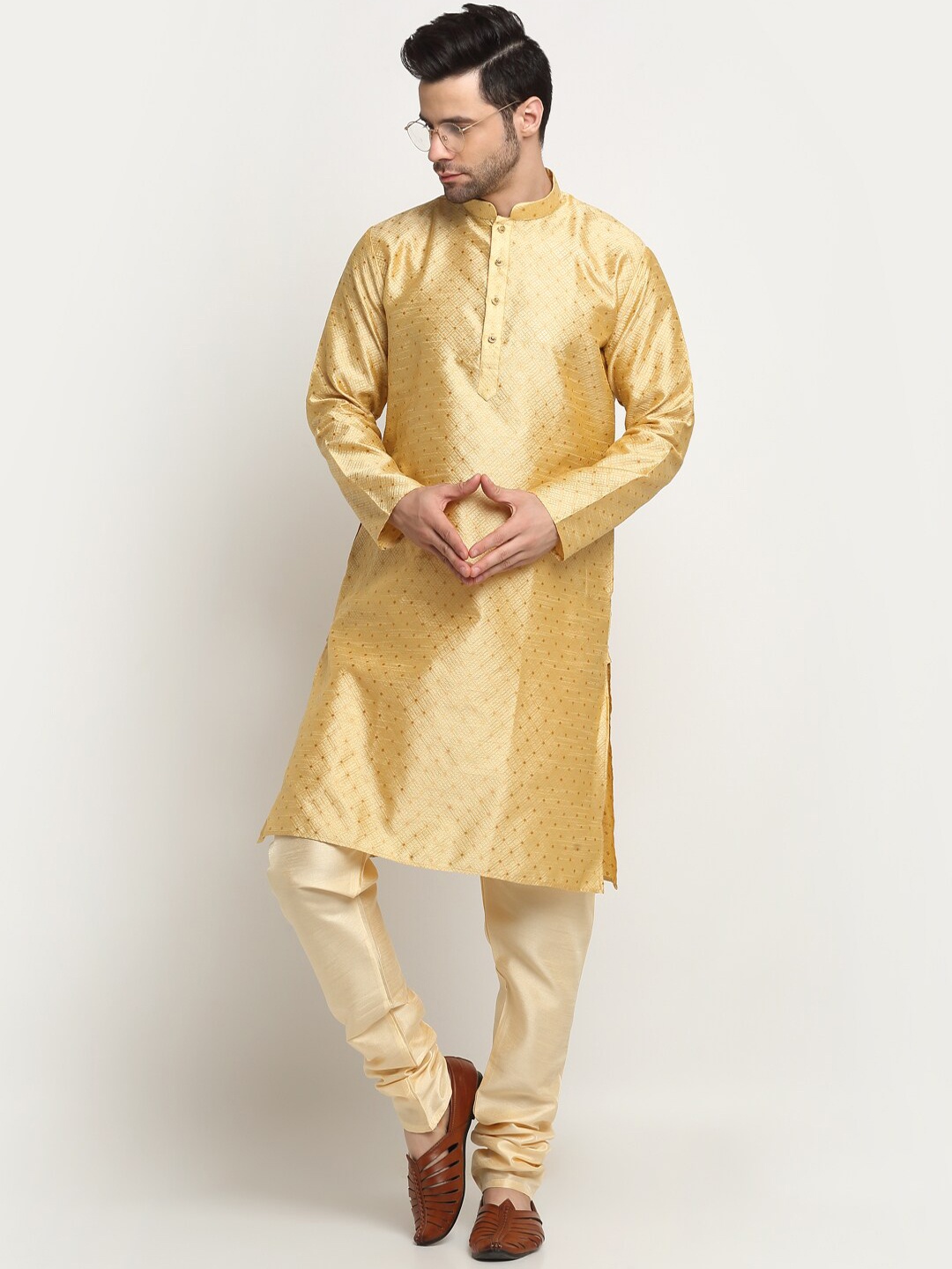 KRAFT INDIA Mandarin Collar Woven Design Straight Kurta, Beige