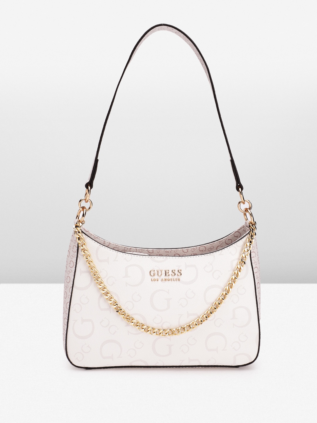 

GUESS Brand Logo Printed Structured Shoulder Bag with Sling Strap, Off white