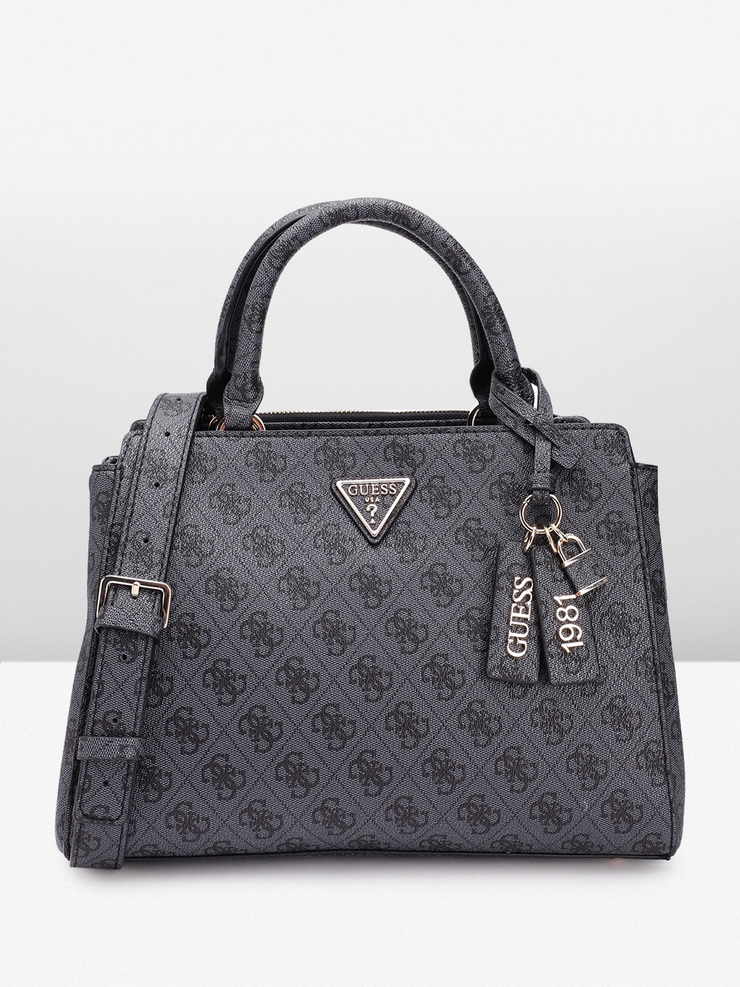 

GUESS Brand Logo Printed Structured Handheld Bag with Sling Strap, Charcoal