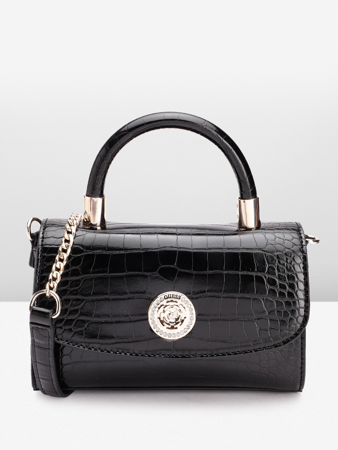 

GUESS Women Croc Textured Structured Satchel Bag, Black