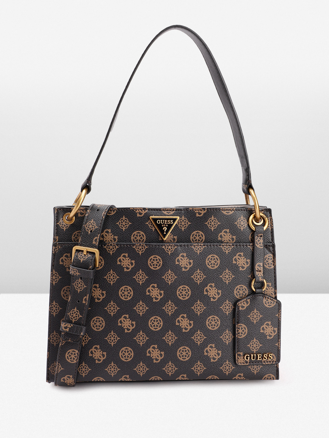 

GUESS Women Brand Logo Printed Structured Shoulder Bag, Coffee brown