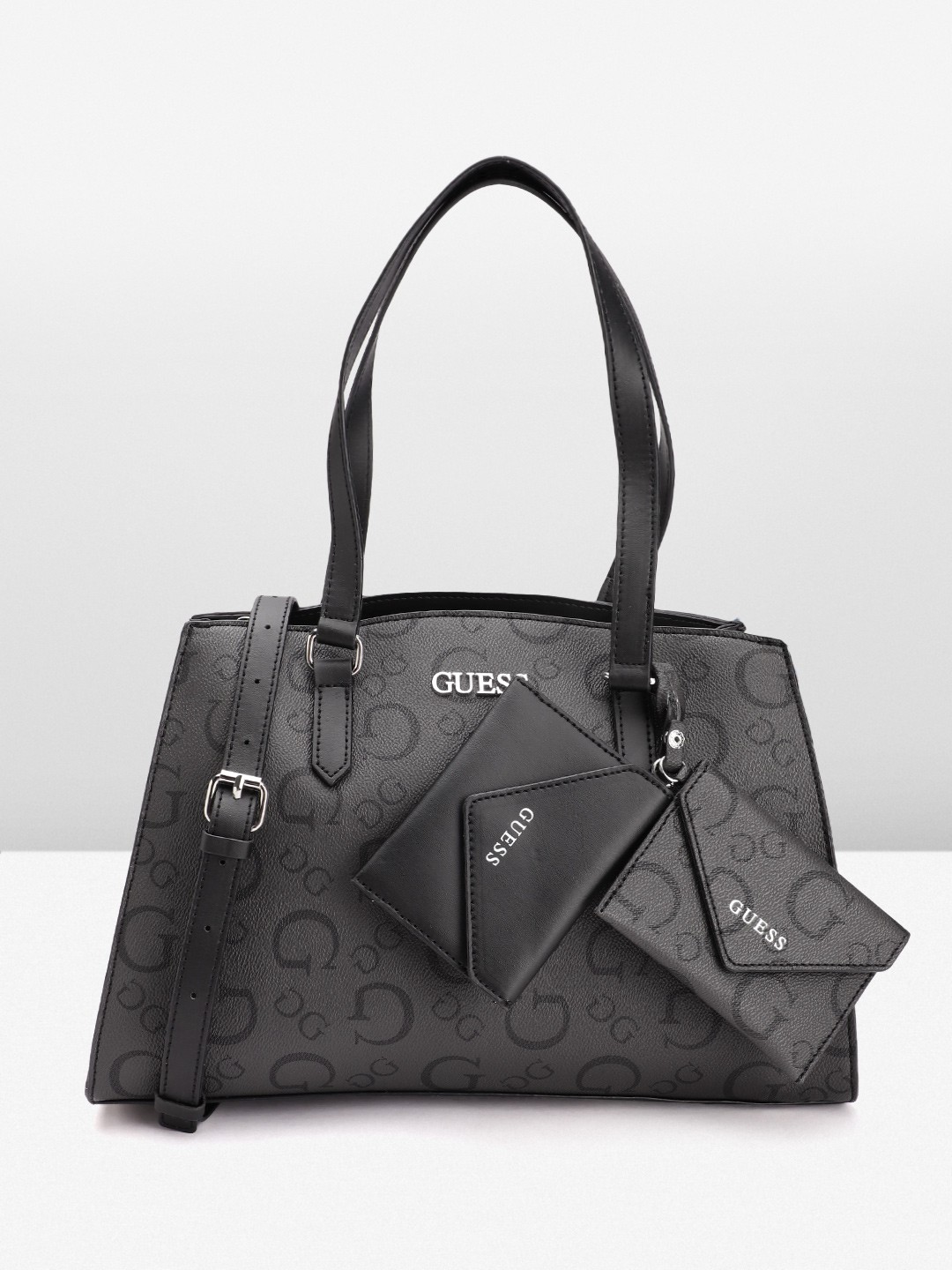 

GUESS Brand Logo Printed Shoulder Bag with Sling Strap & 2 Pouches, Charcoal