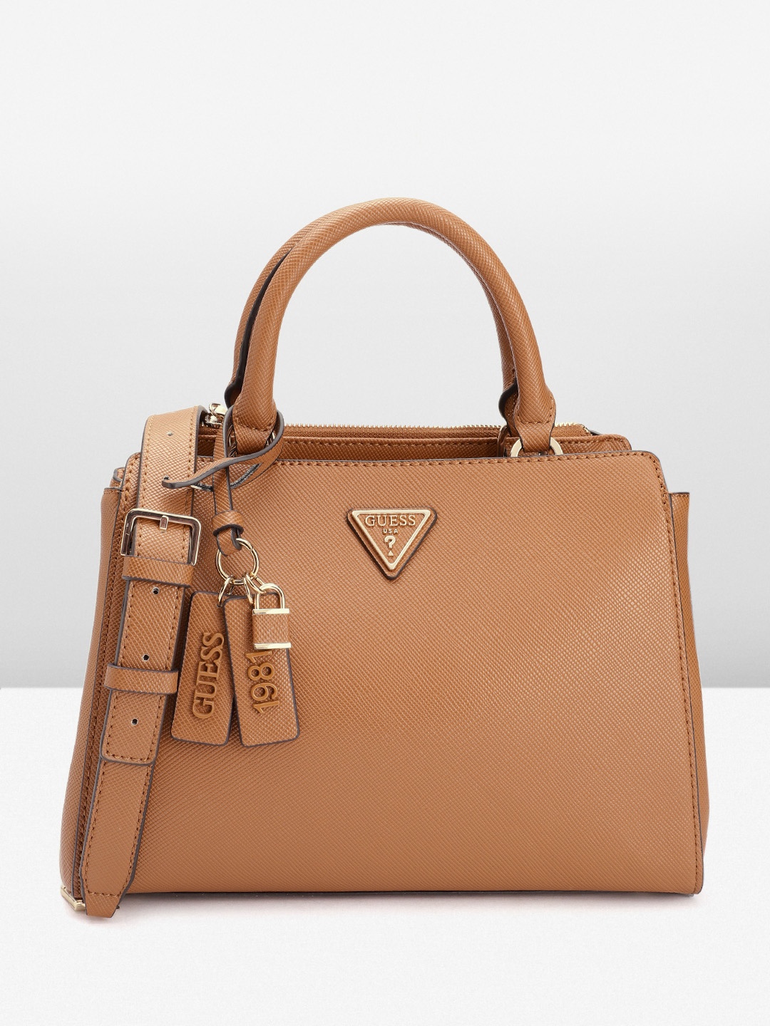 

GUESS Saffiano Textured Structured Handheld Bag with Sling Strap, Tan