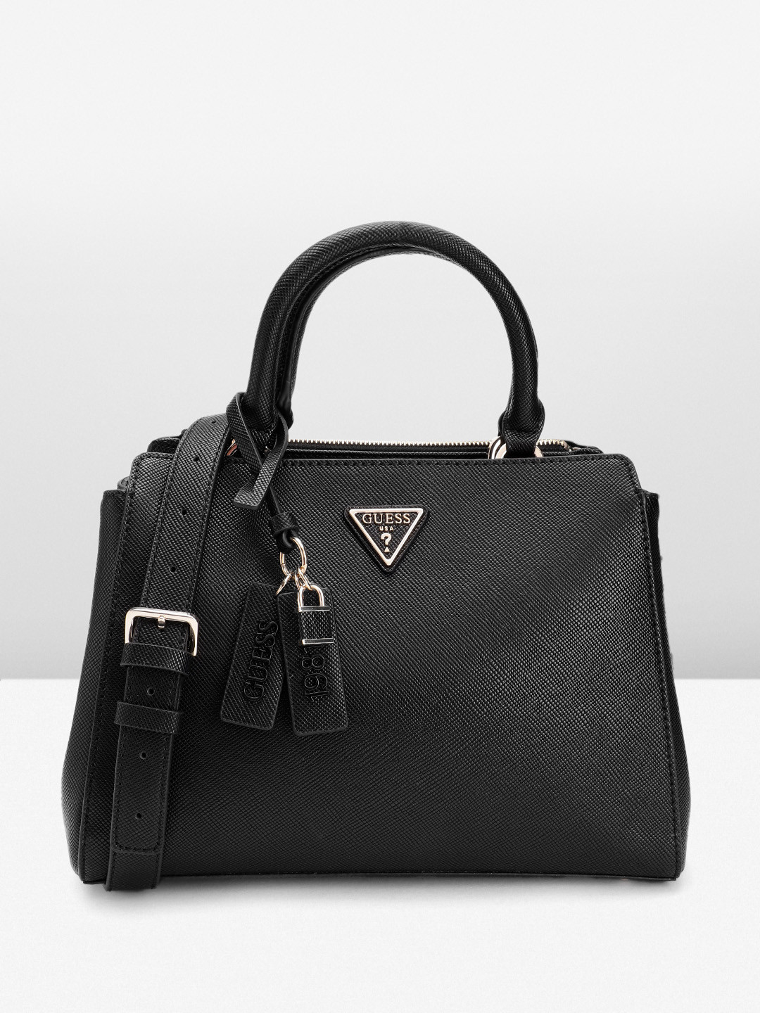 

GUESS Saffiano Textured Structured Handheld Bag with Sling Strap, Black