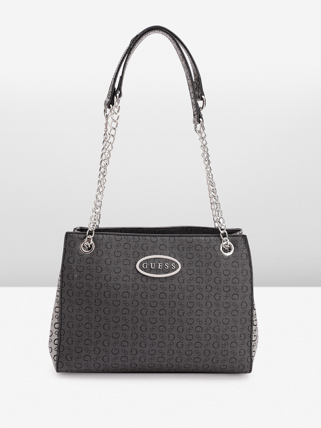 

GUESS Brand Logo Printed Structured Shoulder Bag, Charcoal