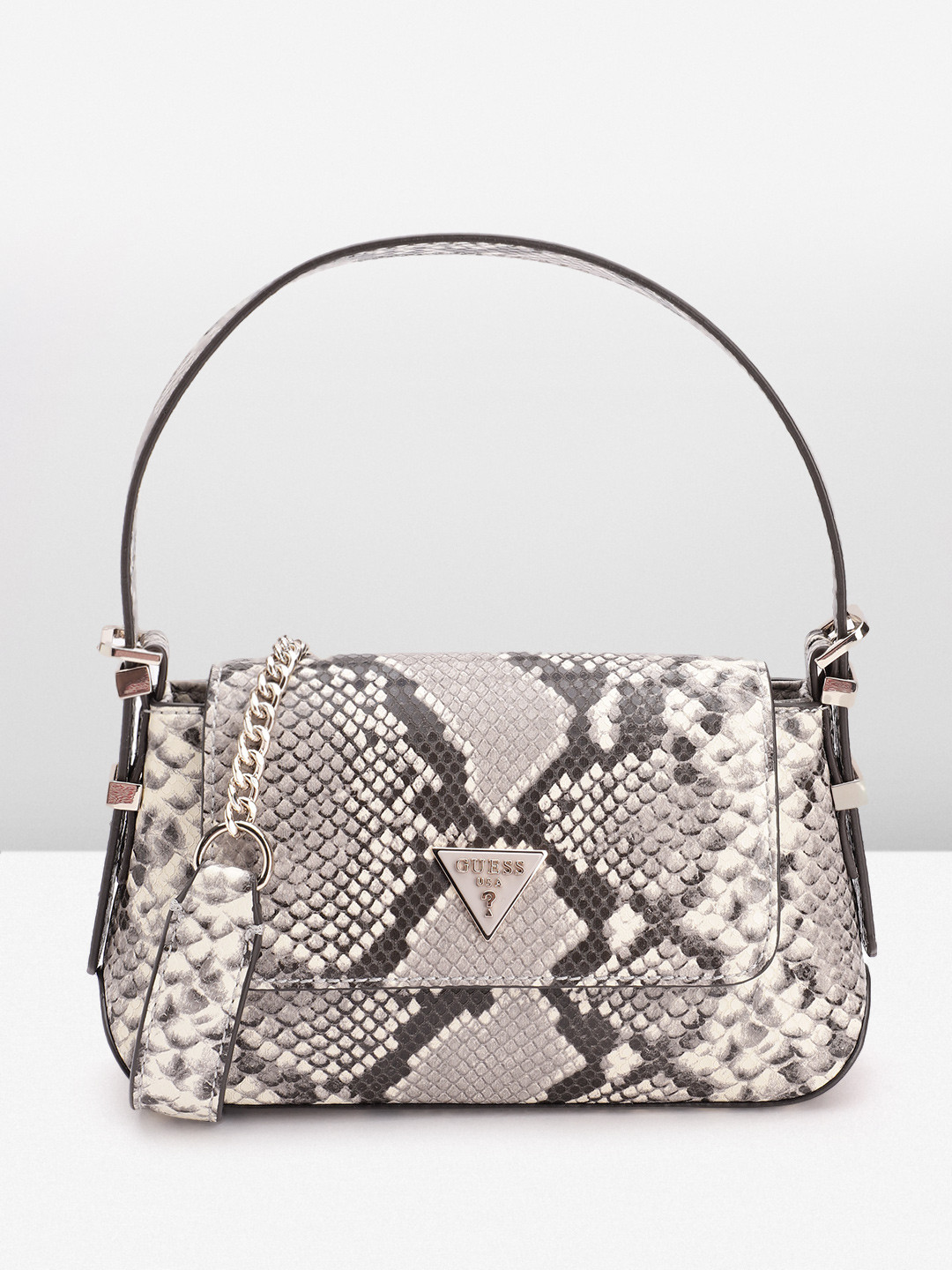 

GUESS Snakeskin Textured Structured Shoulder Bag with Sling Strap, Grey