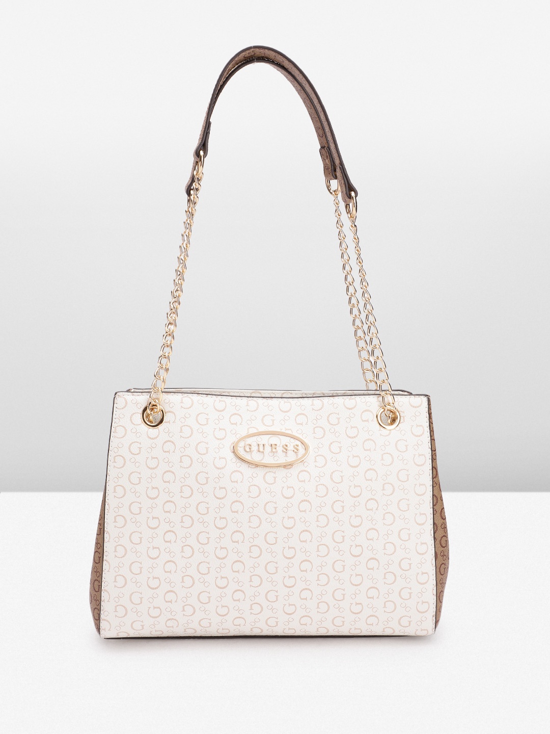 

GUESS Brand Logo Printed Structured Shoulder Bag, Off white