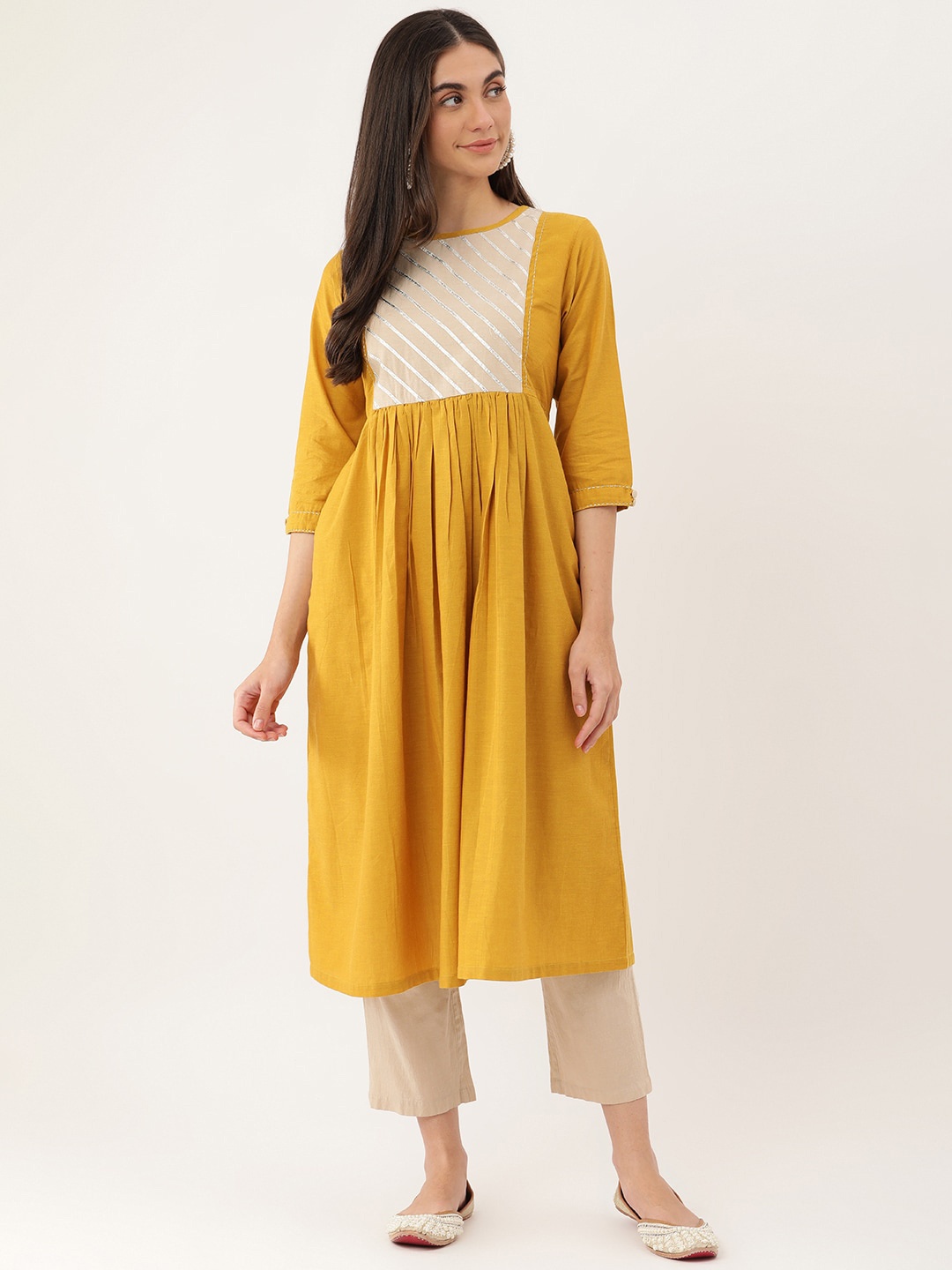 

Lokatita Striped Yoke Design Gathred Or Pleated Gotta Patti Pure Cotton Anarkalli Kurta, Yellow