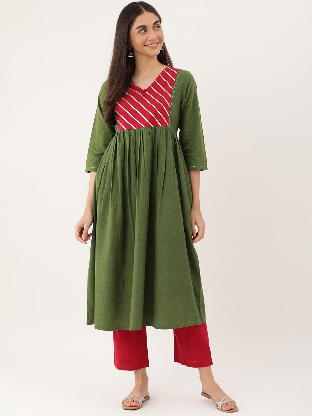 

Lokatita Striped Yoke Design Gathred Or Pleated Gotta Patti Pure Cotton Anarkalli Kurta, Green