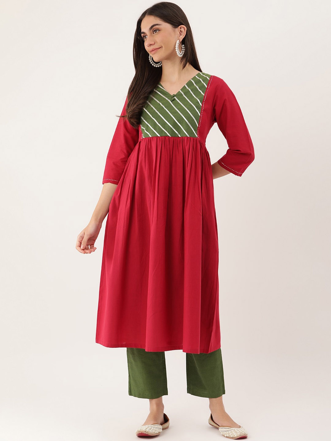 

Lokatita Striped Yoke Design Gathred Or Pleated Gotta Patti Pure Cotton Anarkali Kurta, Red