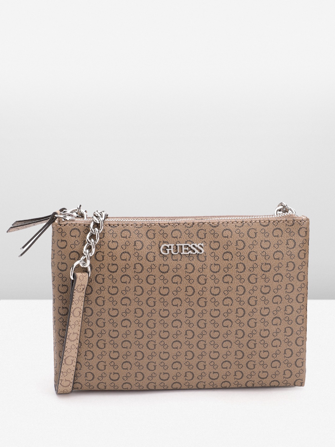 

GUESS Brand Logo Printed Structured Sling Bag, Brown