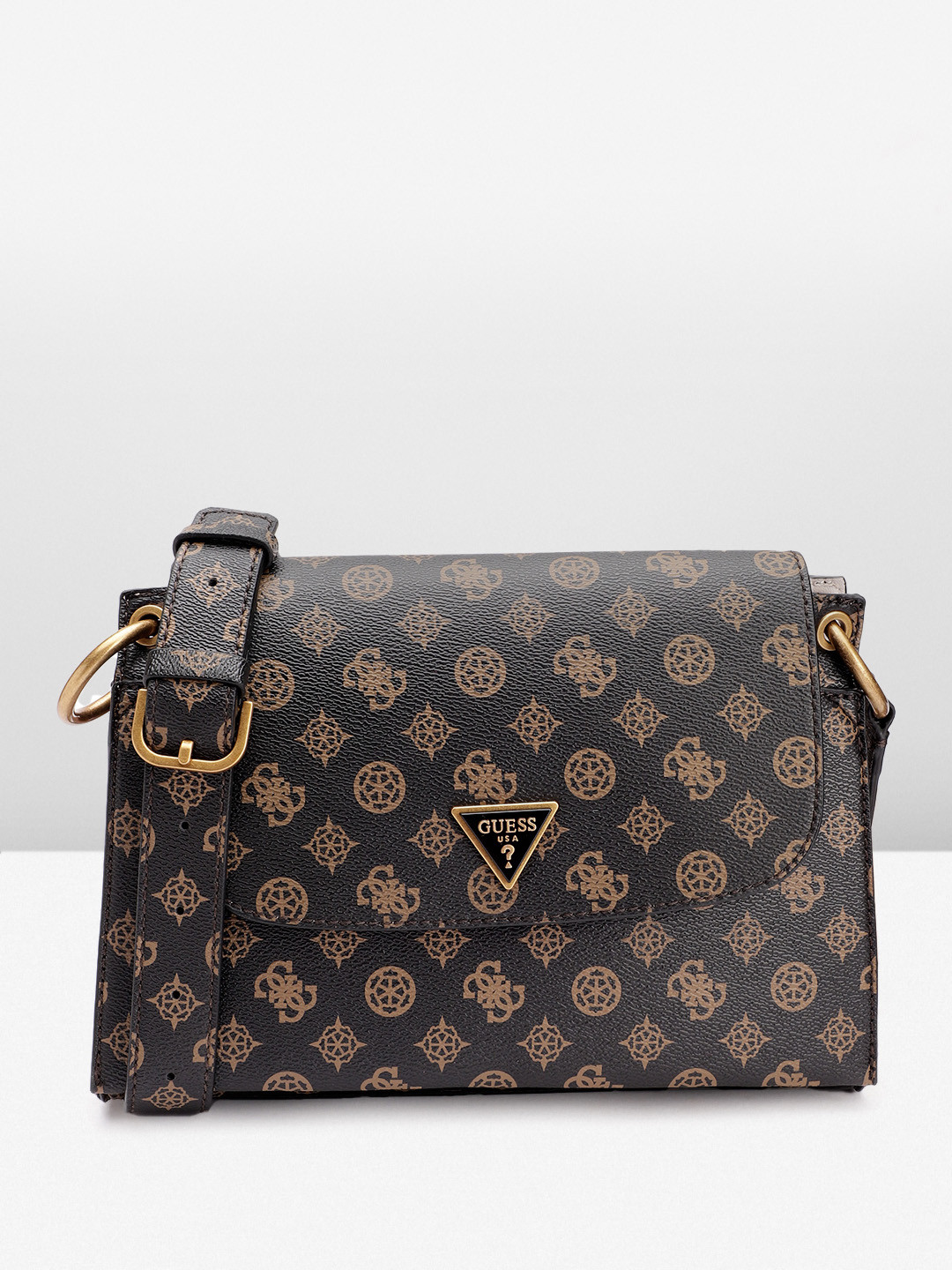 

GUESS Brand Logo Printed Structured Sling Bag, Coffee brown