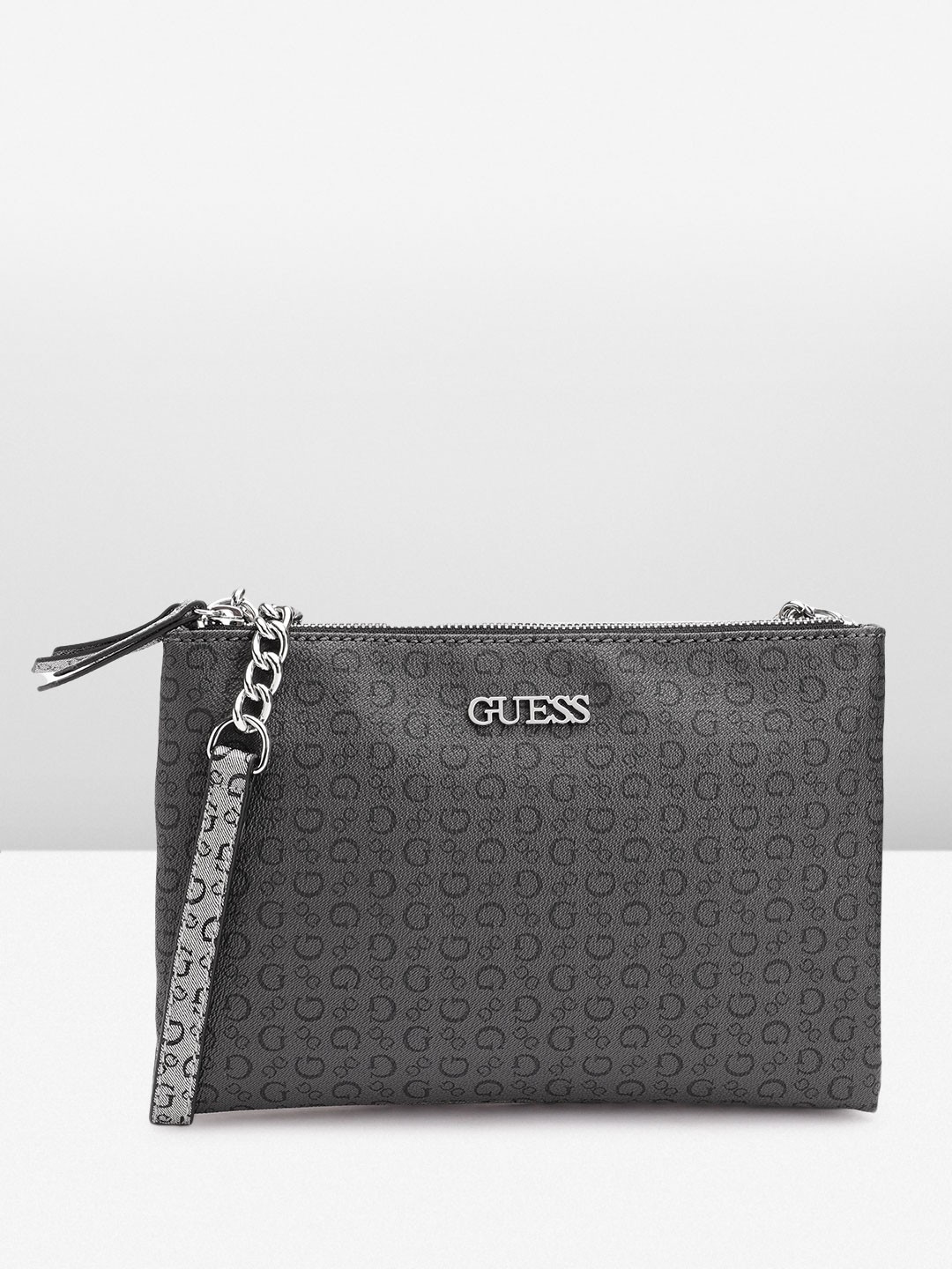 

GUESS Women Brand Logo Printed Structured Sling Bag, Grey