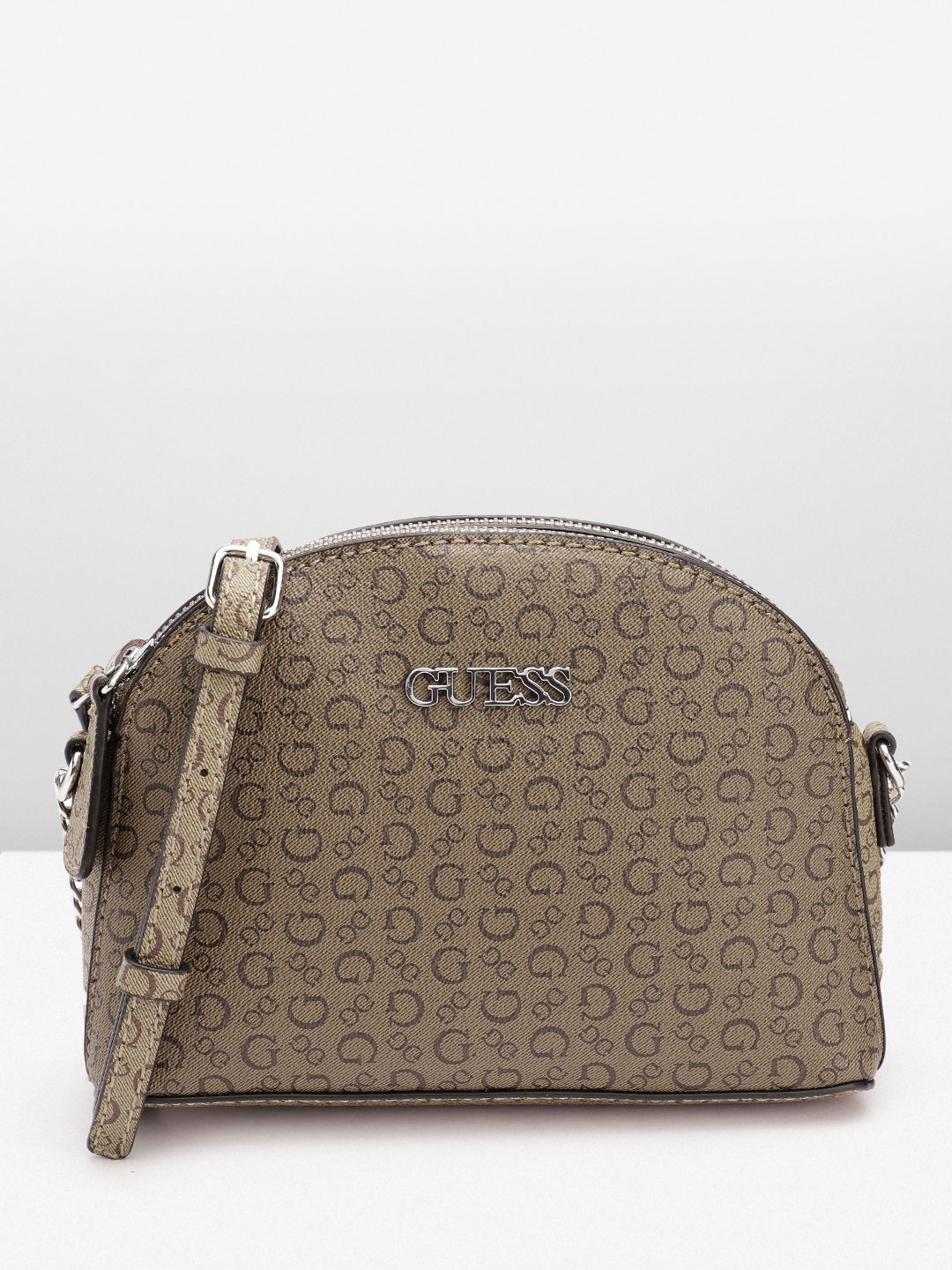 

GUESS Women Brand Logo Printed Structured Sling Bag, Brown